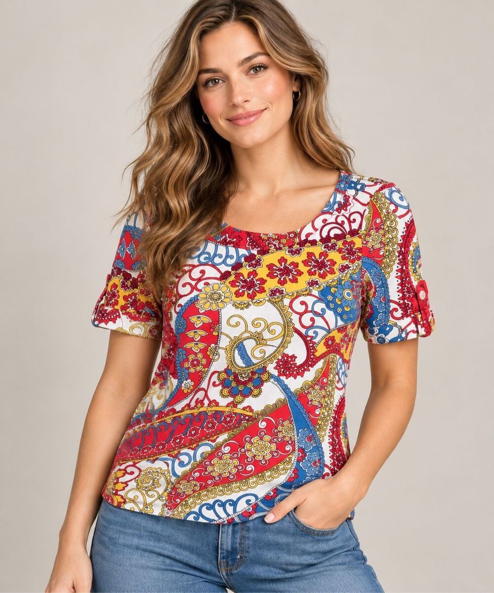 Talbots Women’s Small Colorful Paisley Floral Short Sleeve Top
